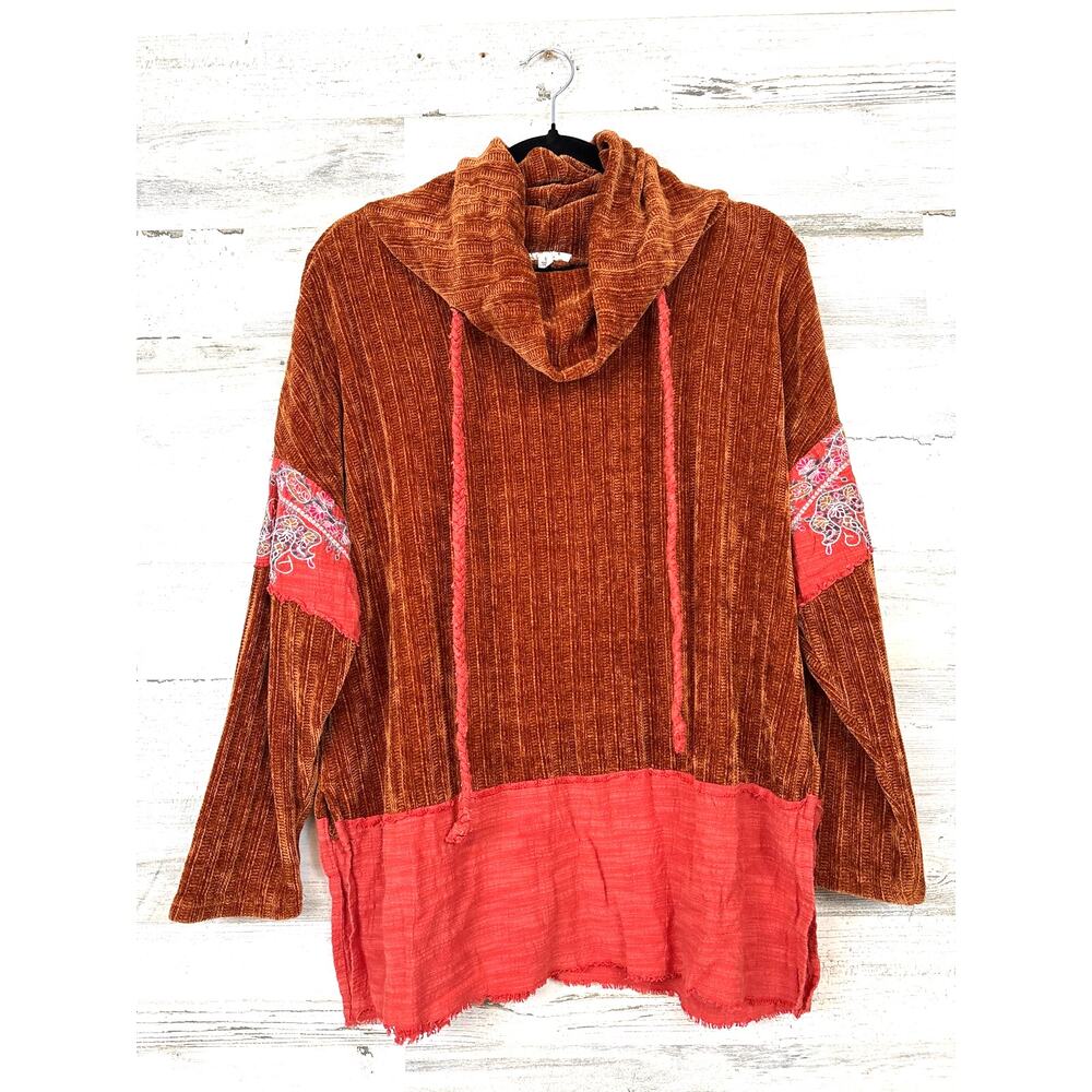 THML Womens S Bronze Distressed Patchwork Knit Pullover Sweater Boho Chic